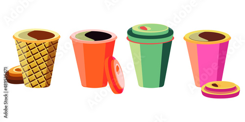 Simple coffee carton cups vector illustration. Flat colored americano coffee illustration. Orange cup, beige cup,pink and blue. Take away coffee. Coffee shop menu. Bakery. Morning black beverage.
