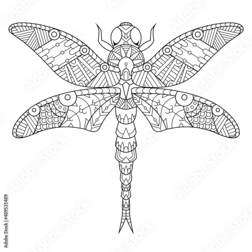 Dragonfly mandala zentangle illustration in lineal style coloring book