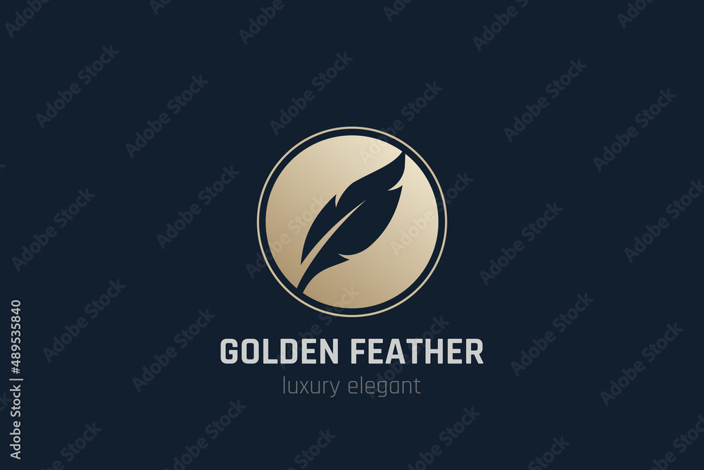 Lawyer Writer Logo Feather Quill symbol Circle shape vector design template Negative space style.