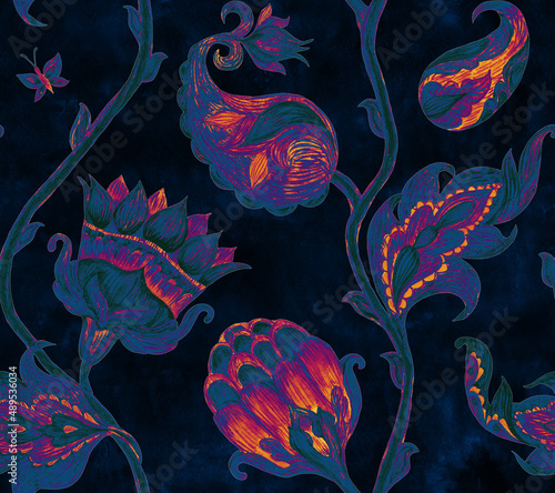 Paisley watercolor floral pattern tile:  flowers, flores, tulips, leaves. Oriental indian traditional hand painted water color whimsical seamless print, ceramic design. Abstract india batik background
