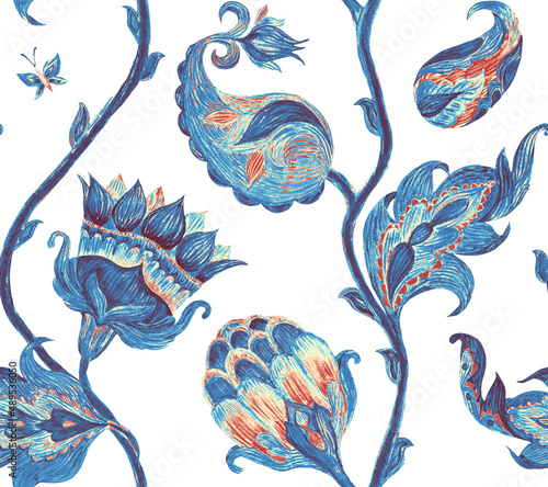 Paisley watercolor floral pattern tile:  flowers, flores, tulips, leaves. Oriental indian traditional hand painted water color whimsical seamless print, ceramic design. Abstract india batik background