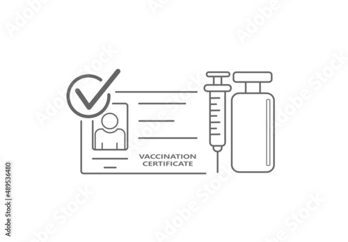 Covid-19 Vaccination Certificate with syringe and vaccine bottle. Editable strokes. Vector illustration.