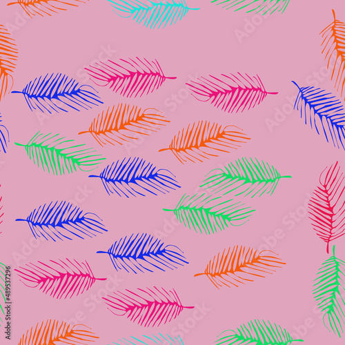 Seamless stylized colored palm leaves. Hand drawn.