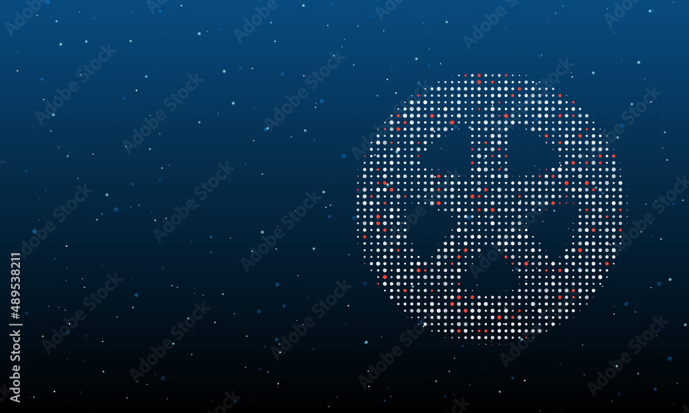 On the right is the car wheel symbol filled with white dots. Background pattern from dots and circles of different shades. Vector illustration on blue background with stars