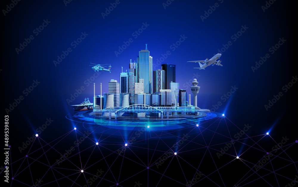 Bright digital tablet and city wireframe in bright blue and white colors particles, Sphere particle line rise up. Digital technology and communication concept.