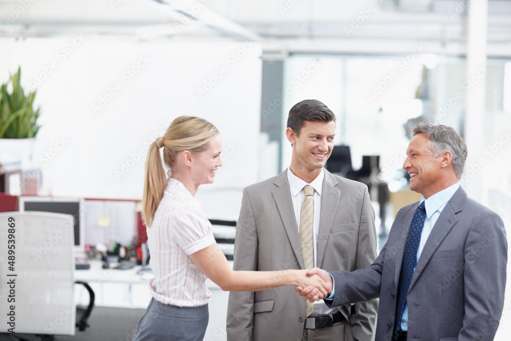 Im so happy to be working with you. A new employee meeting her colleagues at the office.