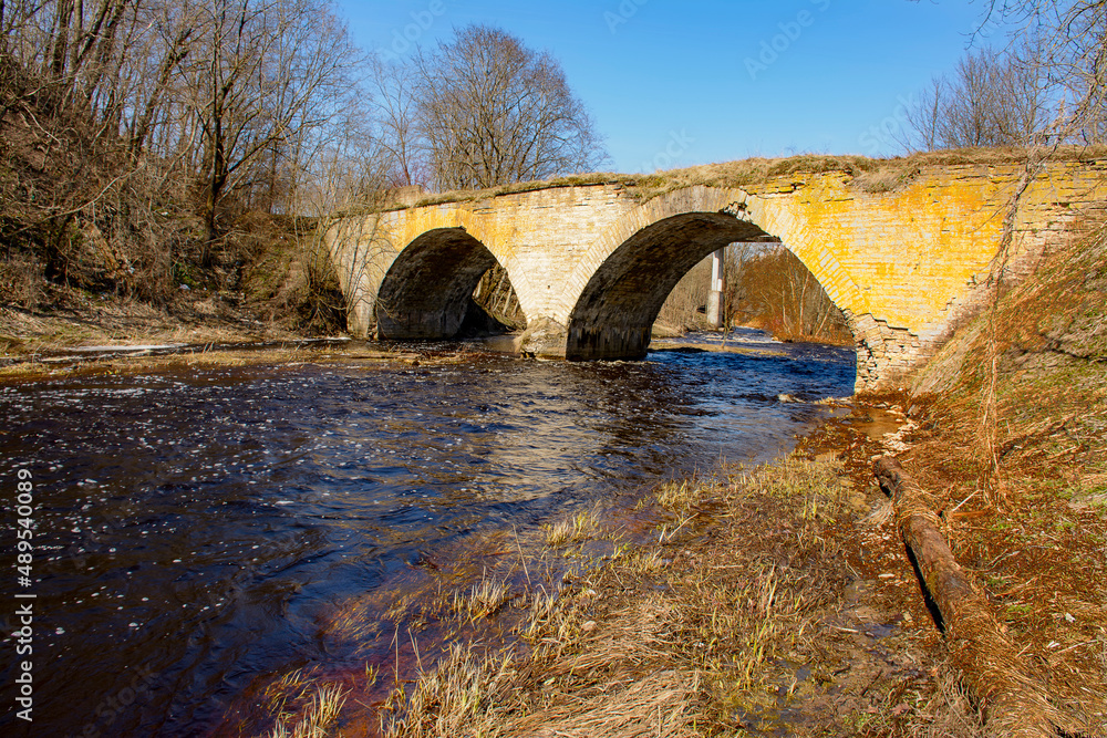 Fototapeta premium Bridge over the Lava River in the village of Vasilkovo.