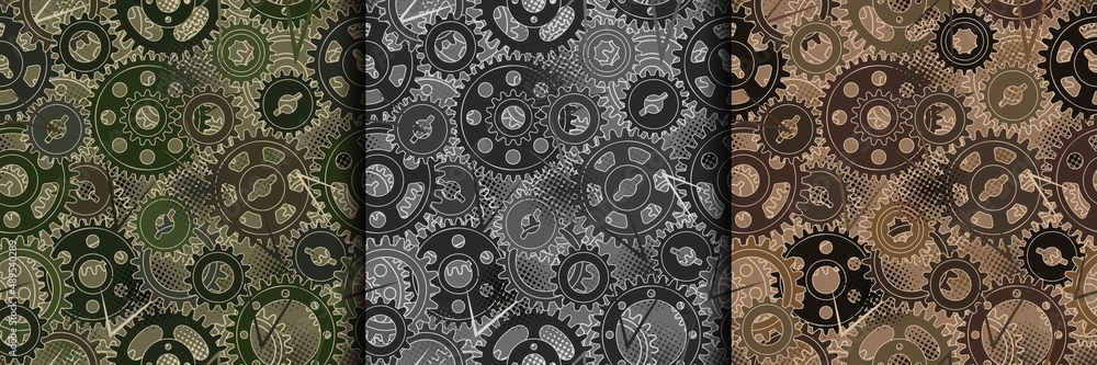 Seamless patterns with gears, dotted halftone texture. Camouflage colors for apparel, fabric, textile, sport goods. Seamless patterns with gears, dotted halftone texture. Camouflage colors for apparel, fabric, textile, sport goods.