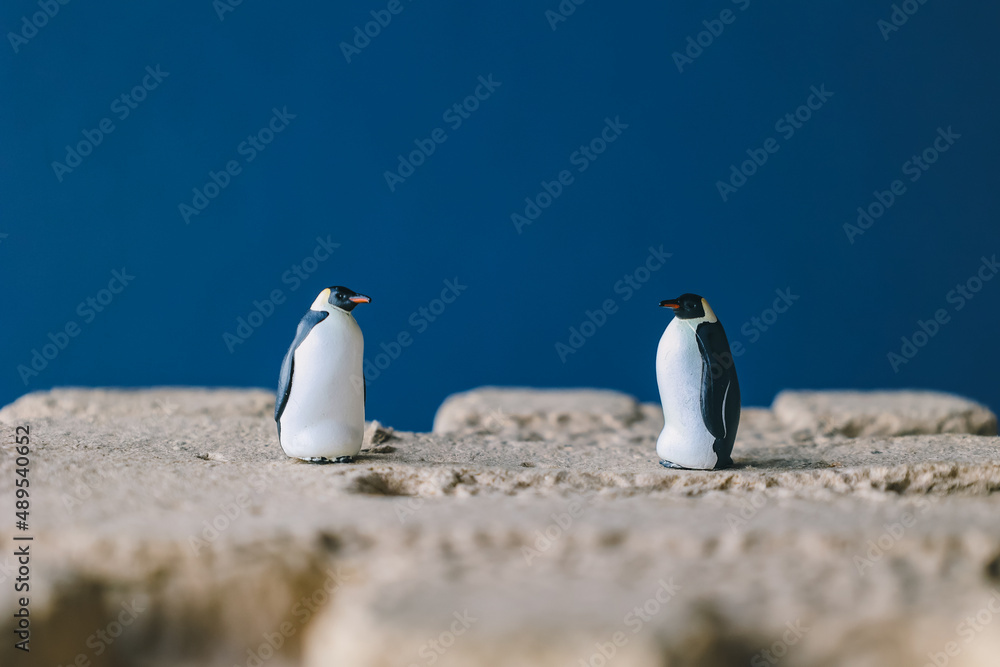 Naklejka premium Cute miniature toy penguin colony. Wild animal family.