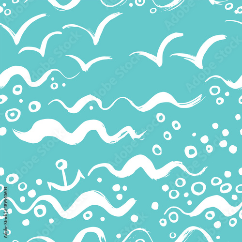 Seamless background with abstract waves and seagulls. dry brush.