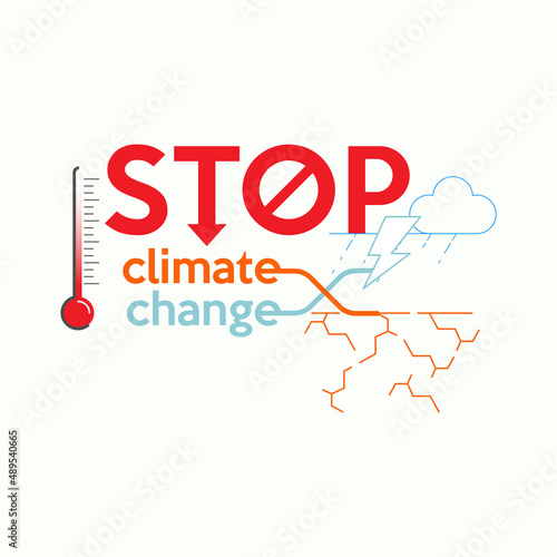 Stop climate change typographic design with shuffle icon gimmick and weather symbols. Vector illustration outline flat design style.