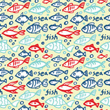 Seamless pattern with fishes. Drawn with a brush and gouache.