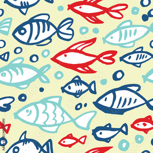 Seamless pattern with fishes. Drawn with a brush and gouache.