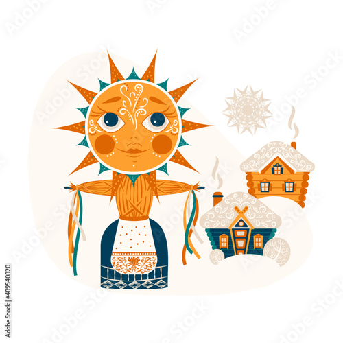 Shrovetide. Maslenitsa. Komoeditsa. Spring Festival. Pancake week. Slavic rite. Maslenitsa effigy stands among village houses. Spring is coming. Ornament. Vector illustration.