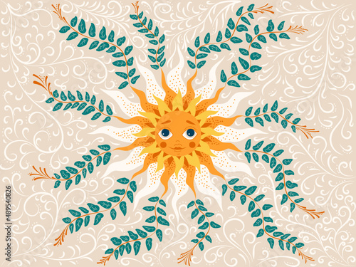 The sun. Ornament. Folk art. Painting. Folklore. Spring came. Smile and joy. Children. Vector illustration.