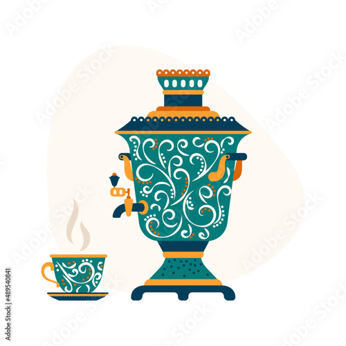 Shrovetide. Maslenitsa. Komoeditsa. Spring Festival. Pancake week. Slavic rite. Samovar painted with patterns and a cup of tea. Spring is coming. Ornament on a samovar and a cup. Vector illustration.