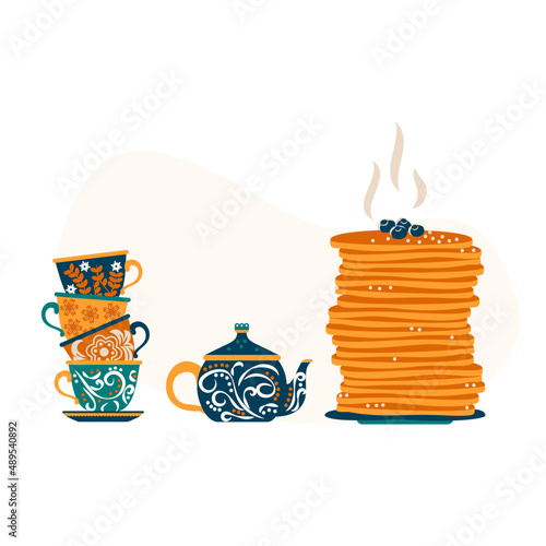 Shrovetide. Maslenitsa. Komoeditsa. Spring Festival. Pancake week. Slavic rite. Teapot, cups and plate of pancakes. Spring is coming. Ornament on dishes. Vector illustration.