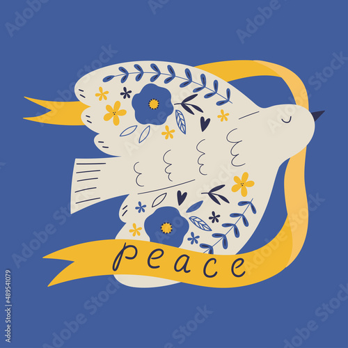  Dove of Peace. Pigeon with ribbon with lettering Peace. Concept of the world. Bird boho naive handdrawn style art. Happy Earth Day background.