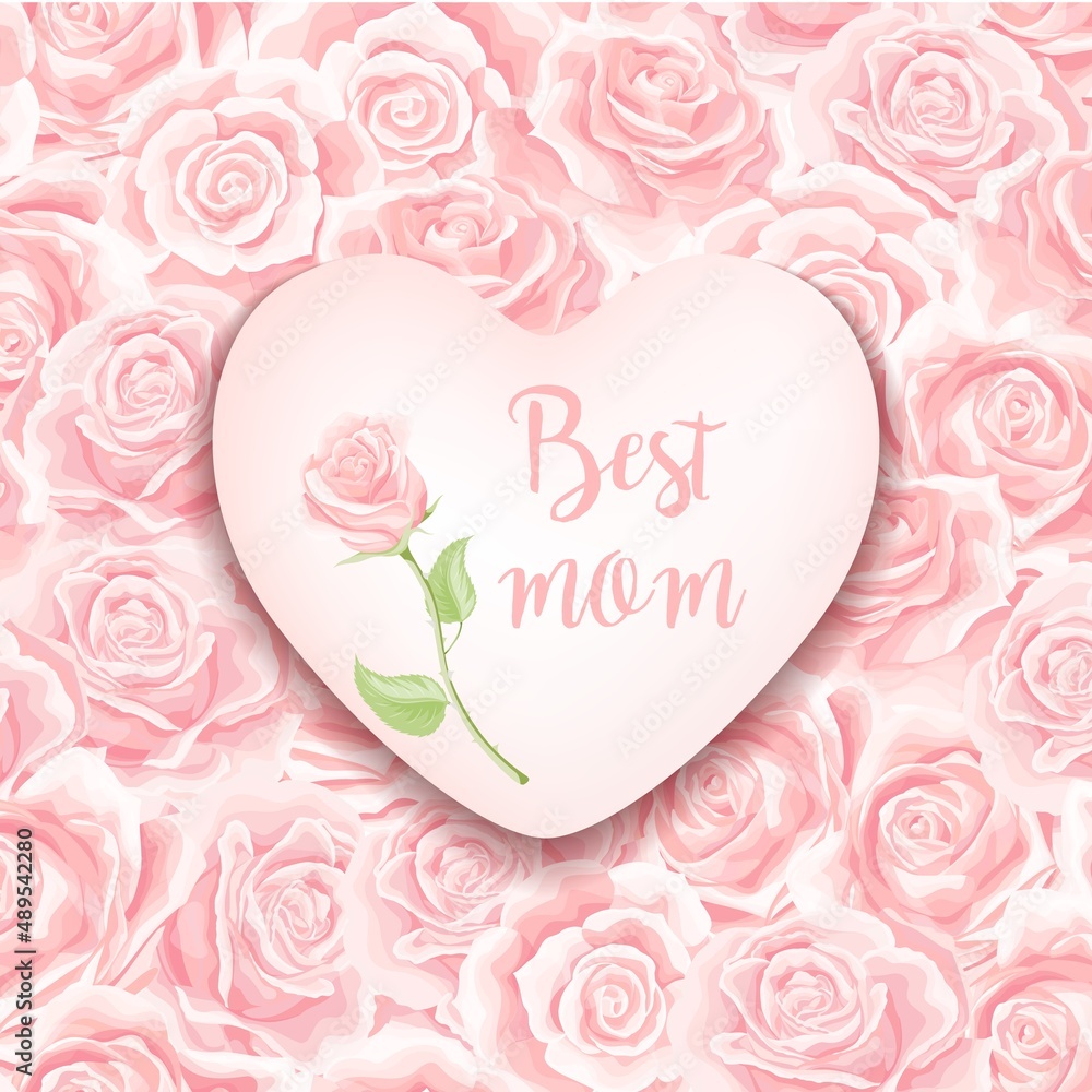 Vector Happy Mothers Day pink heart on cream pink roses filled background