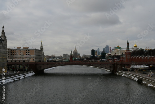 Panoramic view of the Moscow River  the Moscow Kremlin and the Bolshoi Moskvoretsky Bridge. Big Moskvoretsky bridge.