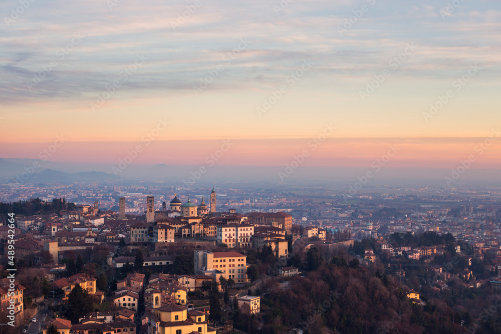 panorama of the city of Bergamo at sunset