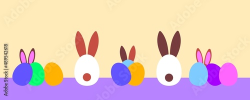 Happy Easter banner. Trendy Easter design with typography, eggs and bunnies. 