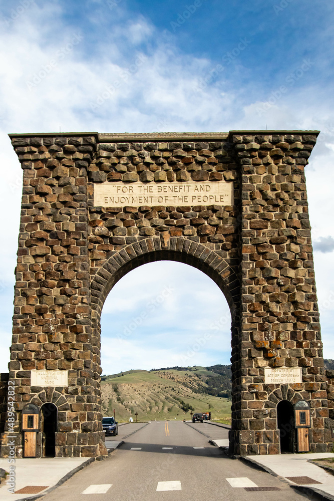 Gardiner, Montana, USA, May 27th, 2021 The Historic Roosevelt Arch in Montana at the North Entrance of Yellowstone National Park