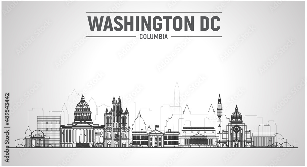 Washington DC, (USA) line city skyline vector illustration on sky background.Business travel and tourism concept with modern buildings. Image for presentation, banner, website.
