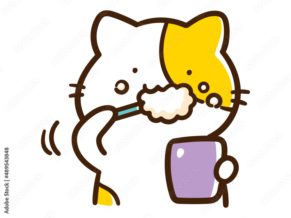 Stockvector 歯磨きをするかわいいねこのキャラクターの手書き風イラスト Adobe Stock