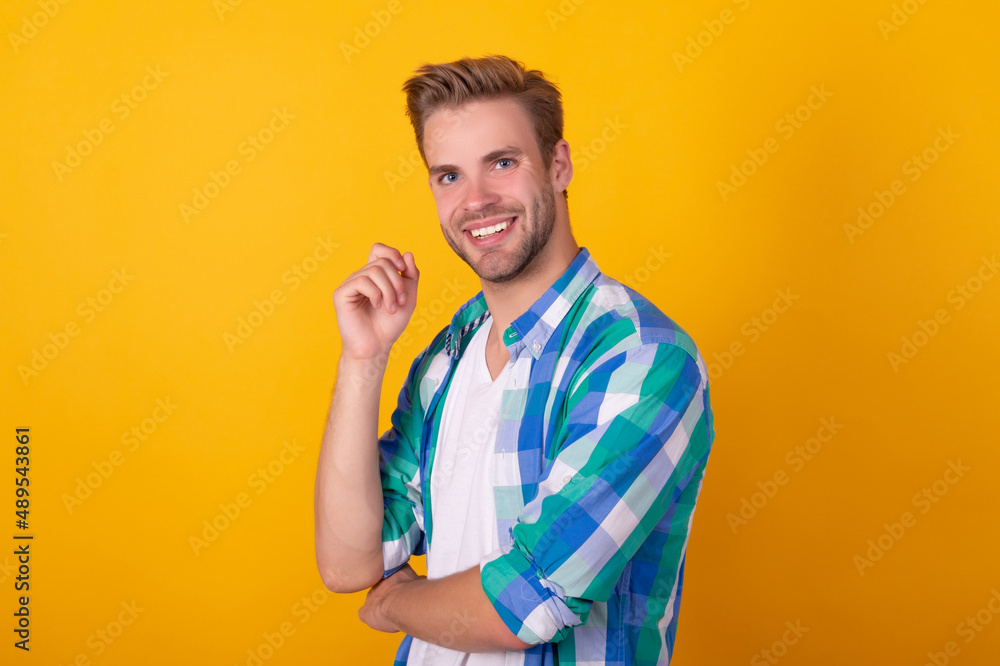 Keep smiling. Man with smiling face. Happy guy portrait yellow background. Smile and be happy Keep smiling. Man with smiling face. Happy guy portrait yellow background. Smile and be happy
