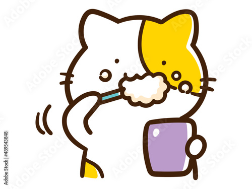 歯磨きをするかわいいねこのキャラクターの手書き風イラスト