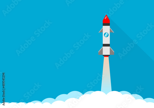 Rocket launch take off travel to space on blue background flat vector cartoon design.