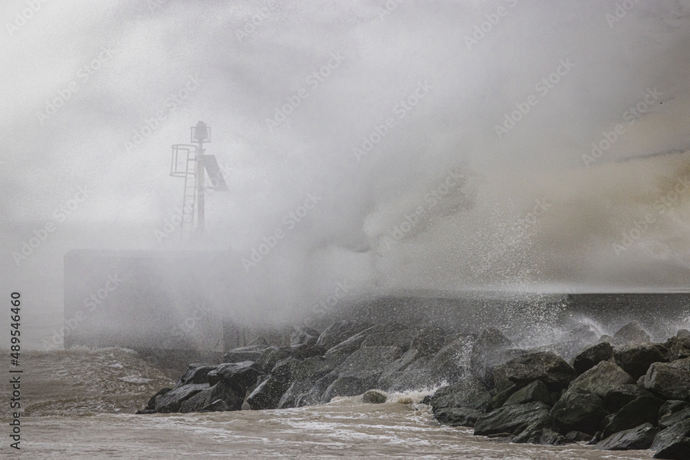 Storm and crashing waves at Hastings, East Sussex, England