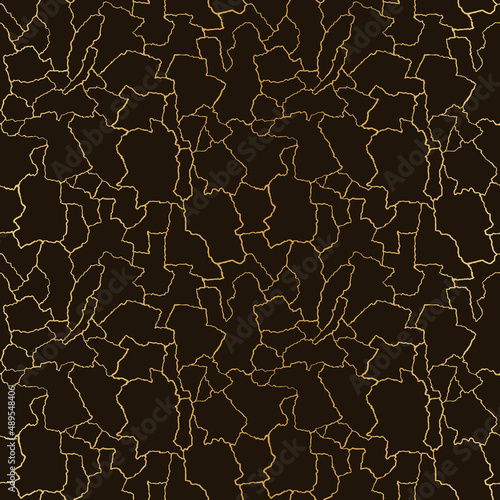 kintsugi art seamless pattern with gold thin lines and abstract shards on dark luxury background.