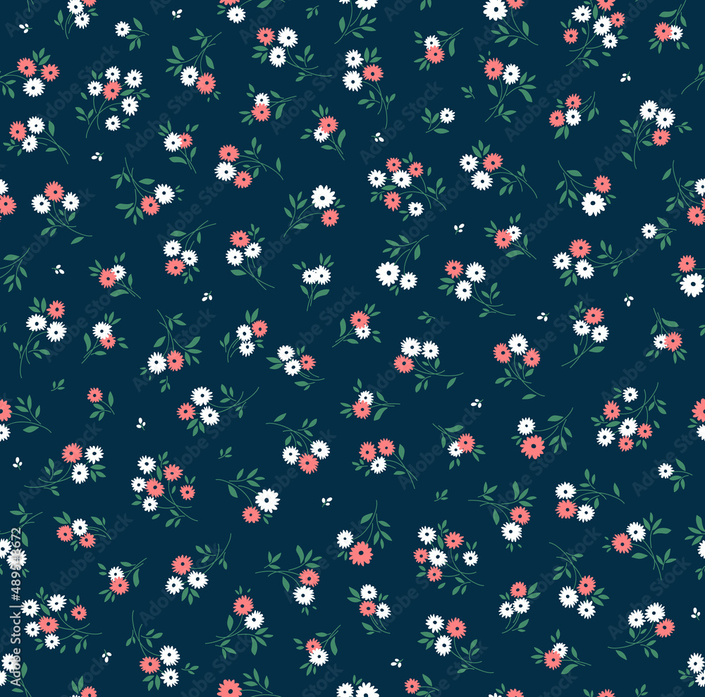Vector seamless pattern. Pretty pattern in small flowers. Small white and pink flowers. Dark Blue background. Ditsy floral background. The elegant the template for fashion prints. Stock. Vector seamless pattern. Pretty pattern in small flowers. Small white and pink flowers. Dark Blue background. Ditsy floral background. The elegant the template for fashion prints. Stock.
