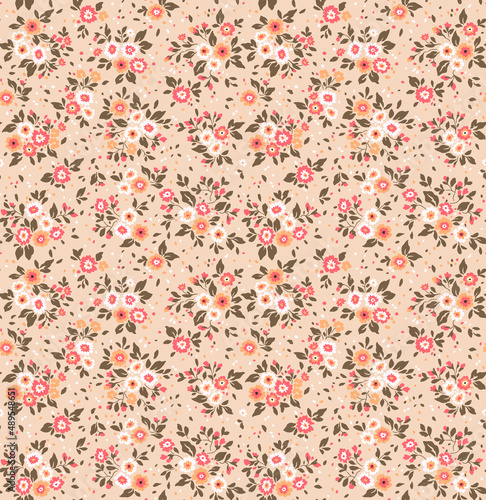 Vintage floral background. Floral pattern with small pastel peach color flowers on a coral salmon background. Seamless pattern for design and fashion prints. Ditsy style. Stock vector illustration.