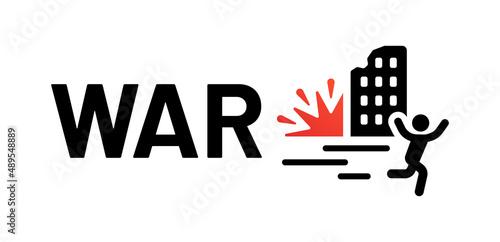 Person runaway and escape from bomb icon. War text banner on white background.