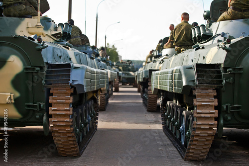 Russian tanks troops army machines on the street heading out to war