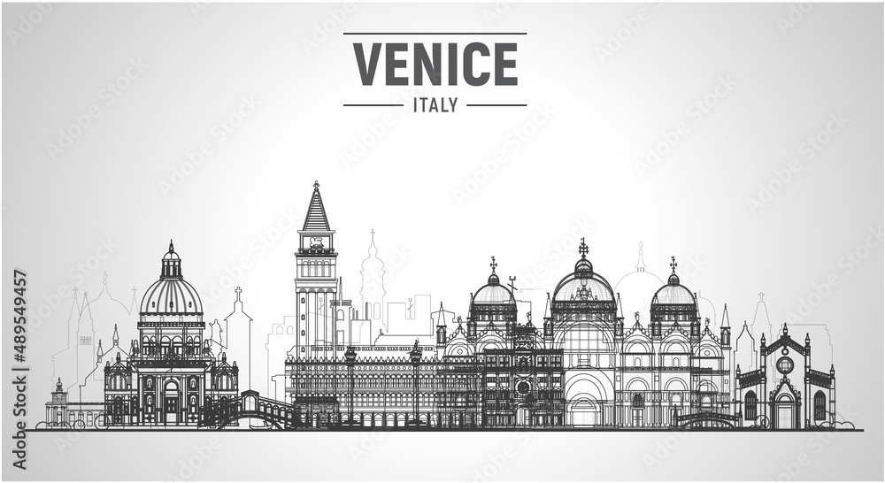 Venice ( Italy ) city line skyline with panorama in white background. Vector Illustration. Business travel and tourism concept with old buildings. Image for presentation, banner, website.