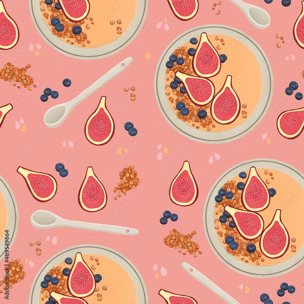 Smoothie bowl seamless pattern with figs, oats Smoothie bowl seamless pattern with figs, oats
