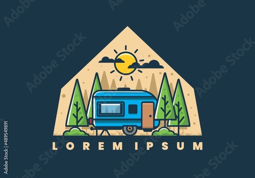 Campervan in the jungle flat illustration