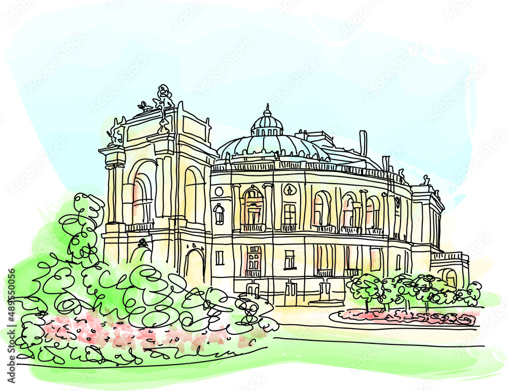 Beautiful Odessa Opera and Ballet Theater, Ukraine. Stand with Ukraine watercolor illustration for travel magazine, poster, calendar, postcard