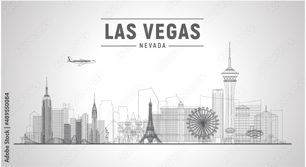 Las Vegas skyline with panorama in white background. Vector line Illustration. Business travel and tourism concept with modern buildings. Image for banner or website.