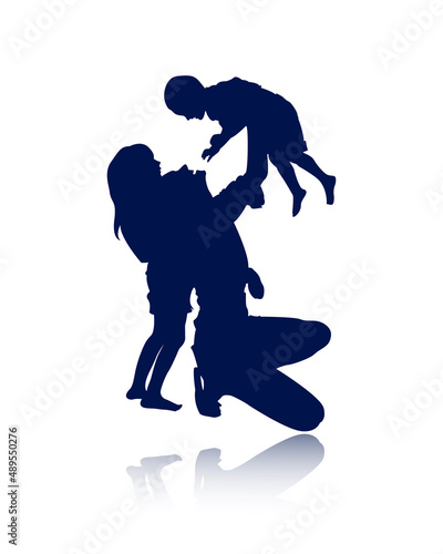 Silhouette of a family. Happy mother with children rejoice. Reflection. Vector.