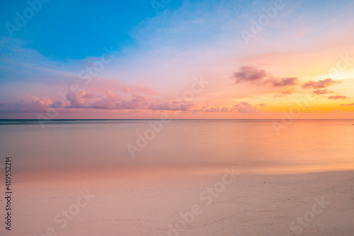 Fototapeta Naklejka Na Ścianę i Meble -  Sea sand sky beach closeup. Panoramic island landscape. Inspire tropical beach seascape shore horizon. Colorful sunset sky calmness tranquil relaxing sunlight summer coast. Vacation travel holiday