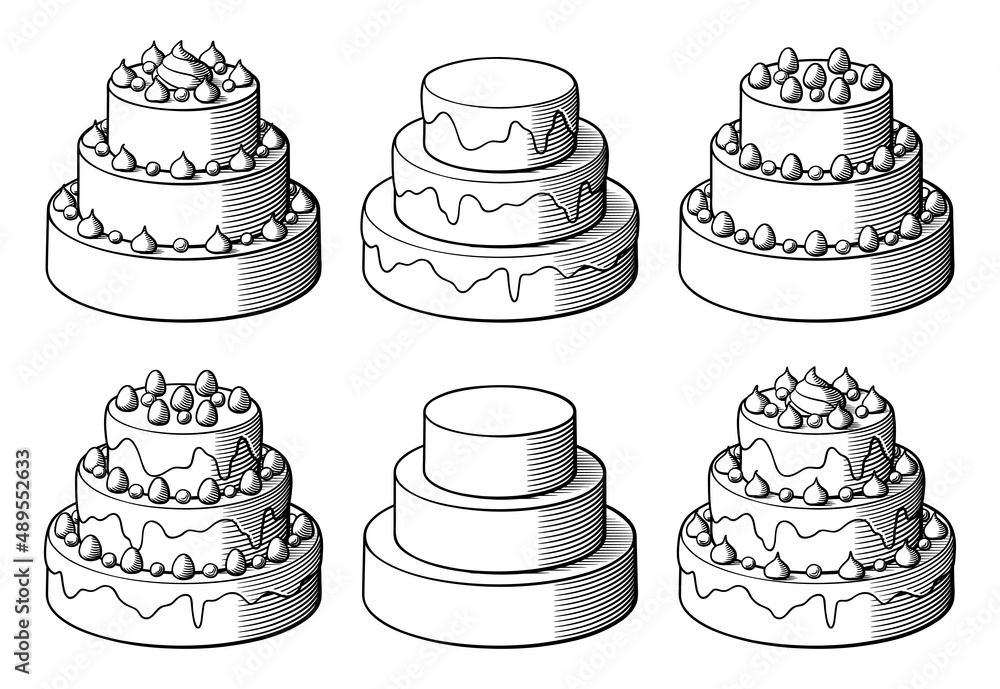 Set of big cakes, decorated with glaze, cream and berries. Black and white retro style vector illustration Set of big cakes, decorated with glaze, cream and berries. Black and white retro style vector illustration