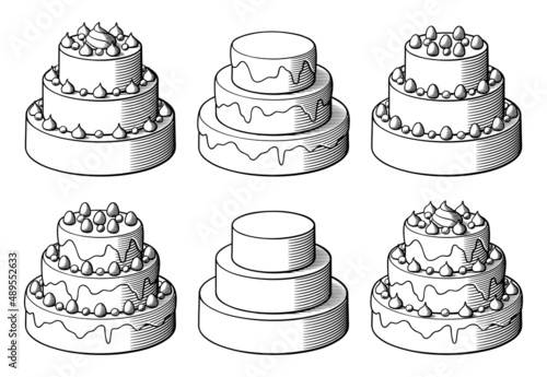 Set of big cakes, decorated with glaze, cream and berries. Black and white retro style vector illustration
