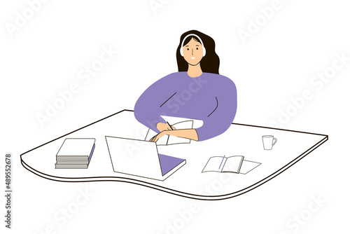 Vector illustration with a character on a white background. Online training. A student girl in an online lesson writes a lecture in a notebook.