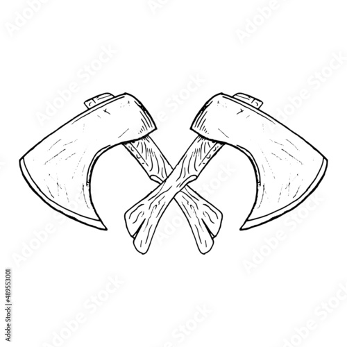 Axe sketch drawing. Vector illustration of a forester axe.
