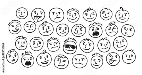 Emotion Faces in doodle style. Set of icons with different moods vector illustration
